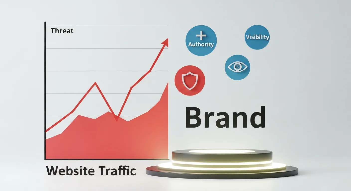 Wizualizacja przedstawiająca dylemat 'zagrożenie czy szansa'. Po lewej stronie widać spadający wykres z etykietą 'Ruch na stronie', symbolizujący zagrożenie. Po prawej, logo firmy stoi na podium, otoczone ikonami autorytetu i widoczności, co reprezentuje szansę.