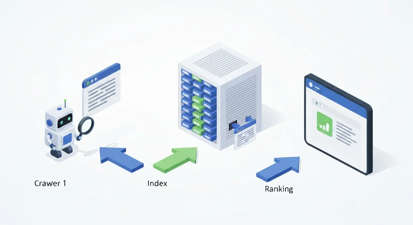 Infografika przedstawiająca trzy etapy działania wyszukiwarki: Crawlowanie (robot odkrywa stronę), Indeksowanie (strona jest katalogowana) i Ranking (strona pojawia się w wynikach).
