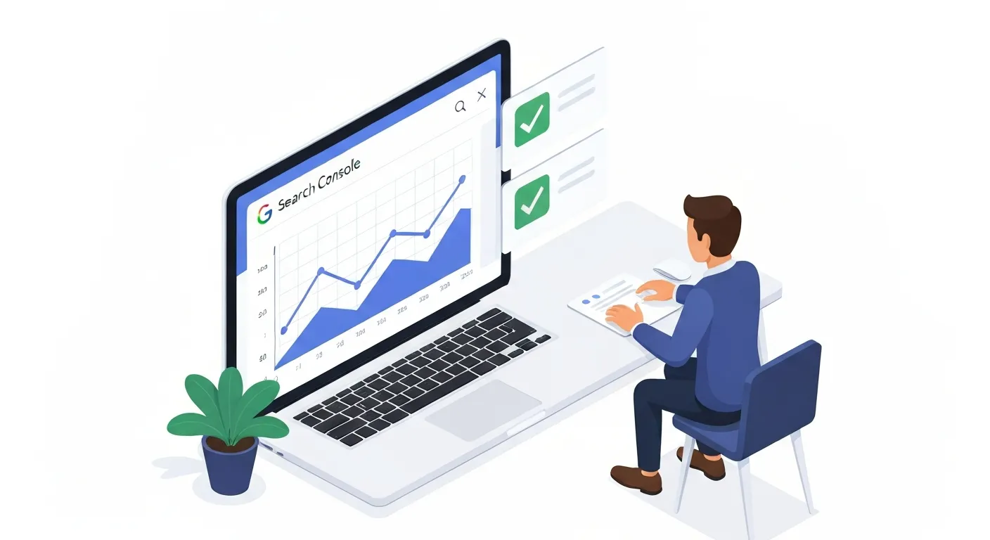 Ilustracja przedstawiająca panel Google Search Console na ekranie laptopa, na którym widać wykresy i dane dotyczące statusu zindeksowanych stron.