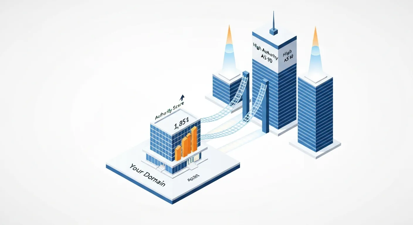 Ilustracja izometryczna pokazująca, jak linki zwrotne (backlinki) z witryn o wysokim autorytecie budują siłę domeny. Centralna witryna jest połączona solidnymi, świetlistymi mostami z większymi, prestiżowymi domenami.