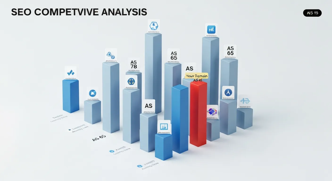 Grafika przedstawiająca benchmarking Authority Score. Wykres słupkowy porównuje wynik autorytetu domeny użytkownika z wynikami konkurencji, ilustrując analizę rynkową i pozycjonowanie w strategii SEO.