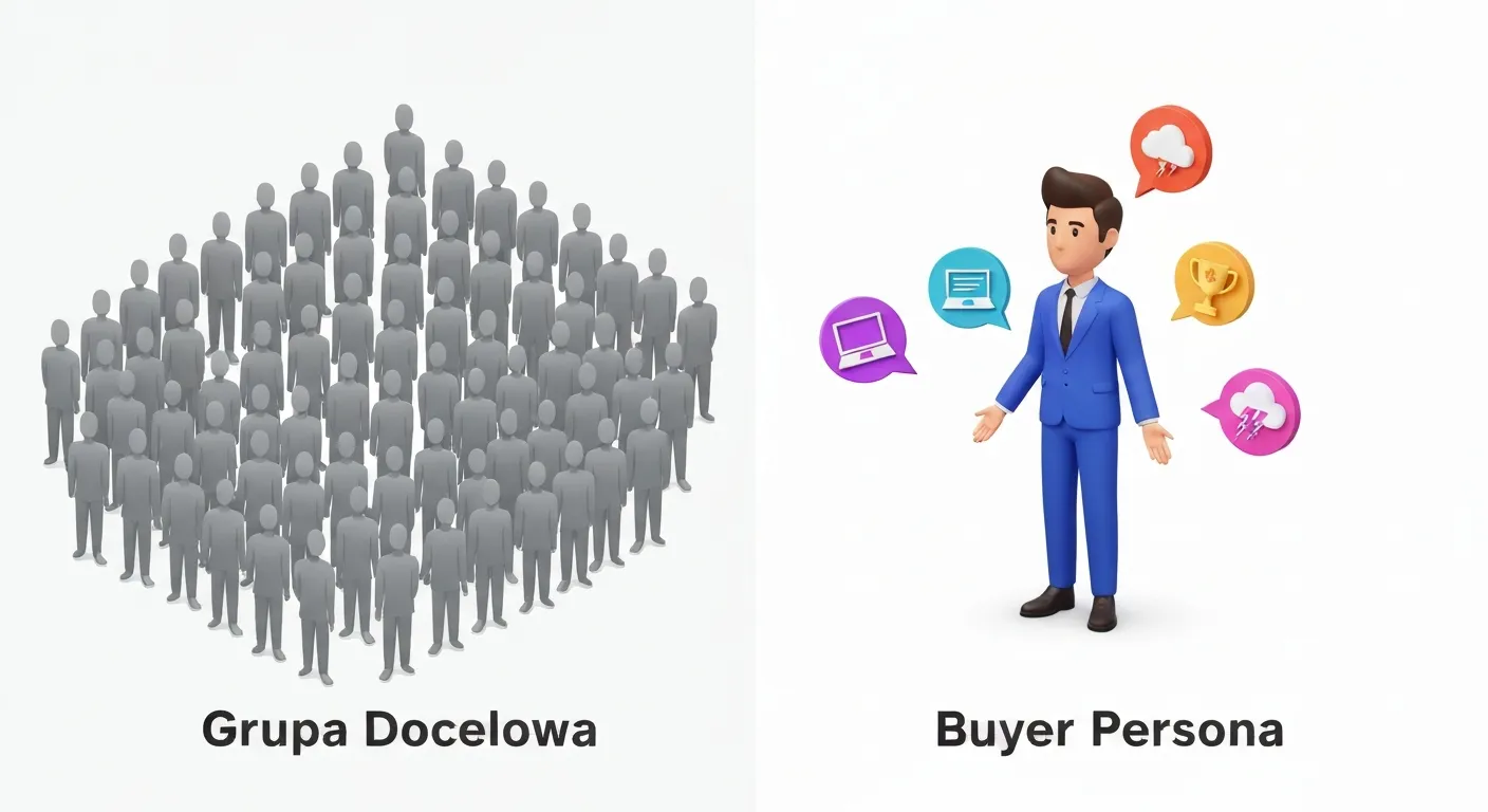 Porównanie szerokiej grupy docelowej z precyzyjną buyer personą. Po lewej stronie widać dużą, szarą, rozmytą grupę anonimowych postaci. Po prawej, oddzielony wyraźną linią, stoi szczegółowy, kolorowy awatar jednej osoby z ikonami symbolizującymi jej pracę, cele i zainteresowania.