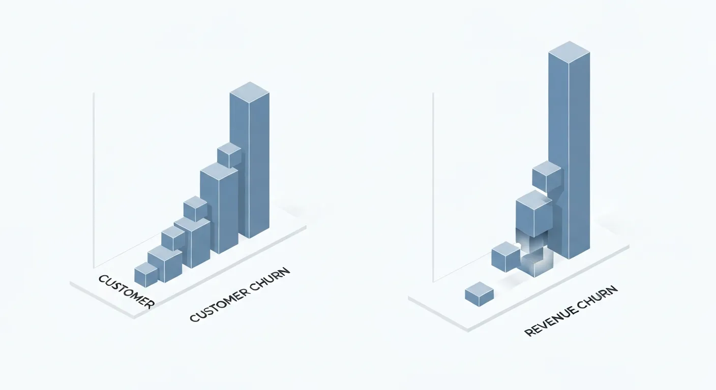 Infografika porównująca Customer Churn i Revenue Churn. Po lewej stronie widać wykres, z którego odpada wiele małych klocków, co powoduje niewielki spadek. Po prawej stronie widać drugi wykres, z którego odpada jeden duży klocek, powodując drastyczny spadek. Obrazuje to, jak utrata jednego kluczowego klienta może być bardziej szkodliwa finansowo niż utrata wielu mniejszych.