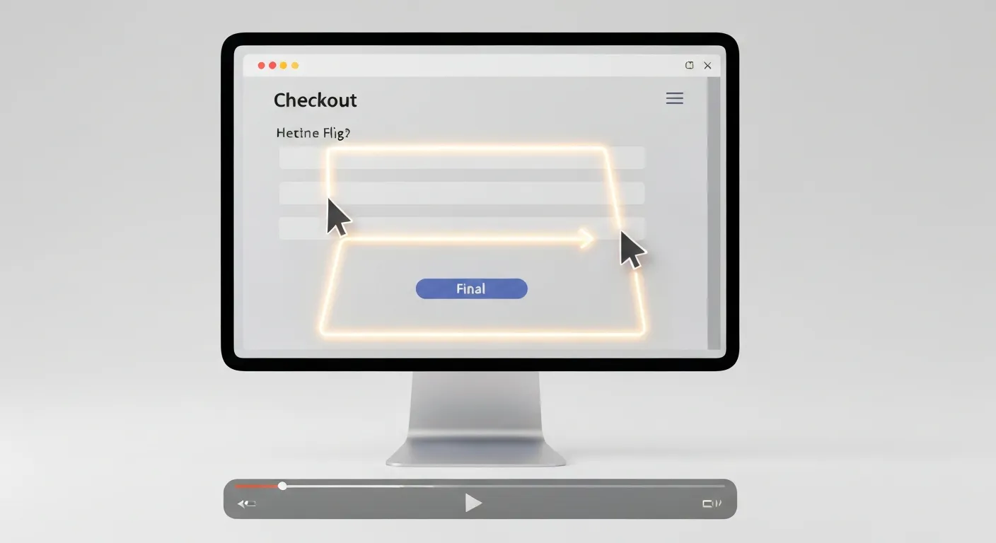 Ilustracja funkcji nagrywania sesji w Hotjar. Na ekranie komputera widać odtwarzaną sesję użytkownika, ze ścieżką kursora myszy narysowaną jako przerywana linia, pokazującą wahanie użytkownika przed wypełnieniem formularza kontaktowego.