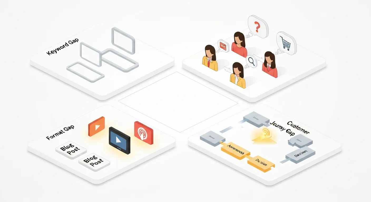 Ilustracja biznesowa w rzucie izometrycznym pokazująca cztery kwadraty, z których każdy przedstawia inny rodzaj luki w treści: luka słów kluczowych, luka intencji użytkownika, luka formatu treści i luka na ścieżce klienta.