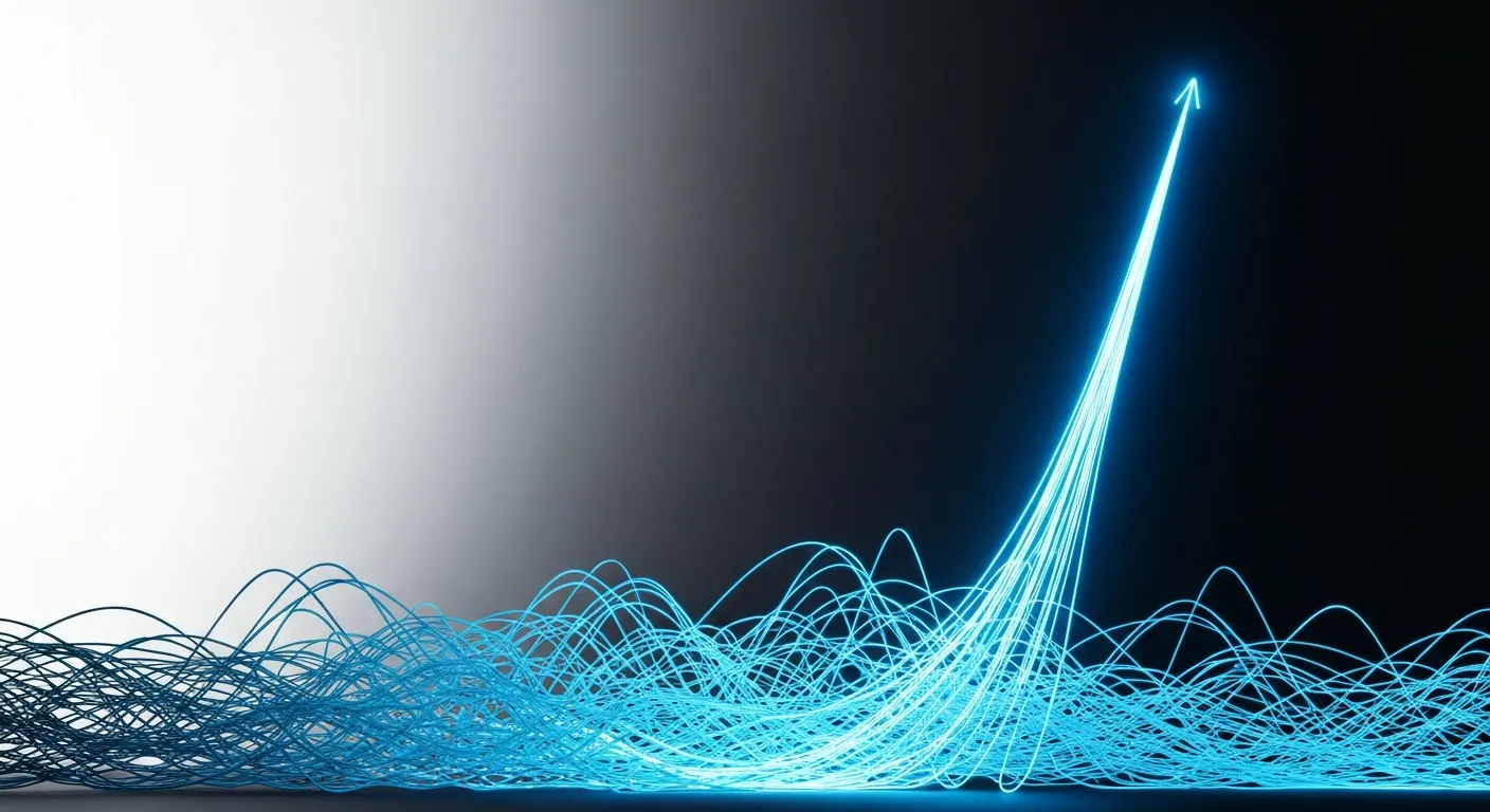 Symboliczna wizualizacja danych pokazująca przewagę konkurencyjną zdobytą dzięki analizie luki w treści. Wykres przedstawia jedną linię, która gwałtownie wznosi się w górę, odrywając się od splątanej grupy innych linii, co symbolizuje znalezienie strategii 'błękitnego oceanu'.