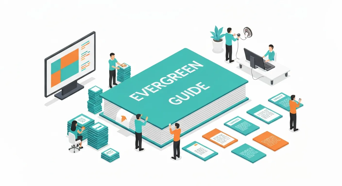 An isometric illustration showing a large book labeled 'Guide' on a platform, being strategically broken down by miniature workers into smaller pieces: an infographic, a series of social media posts, and an audio file, illustrating the content recycling process.