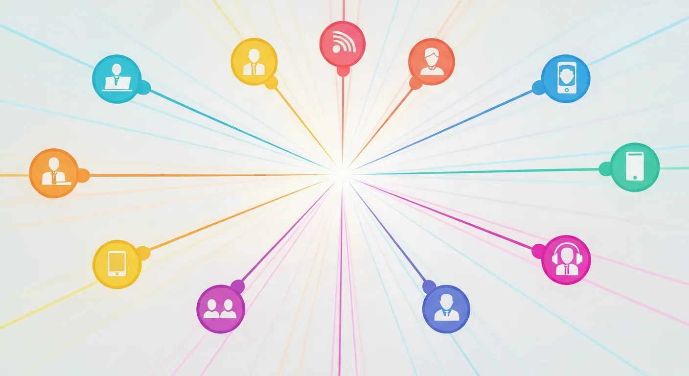 An abstract visualization showing a central content piece branching out to reach different audience profiles, each represented by an icon and their preferred device - a laptop for a blog reader, a smartphone for a social media user, and headphones for a podcast listener.