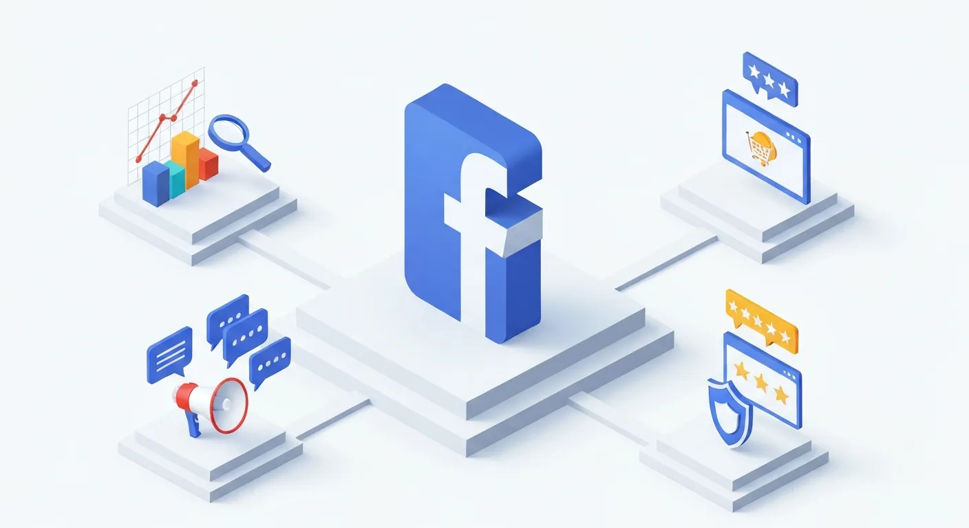 Izometryczna ilustracja przedstawiająca centralny hub z logo Facebooka, połączony z różnymi ikonami symbolizującymi korzyści biznesowe: megafon (komunikacja), wykres słupkowy (analityka), tarcza (wiarygodność) i koszyk na zakupy (sprzedaż), ukazując wielofunkcyjność fanpage'a.