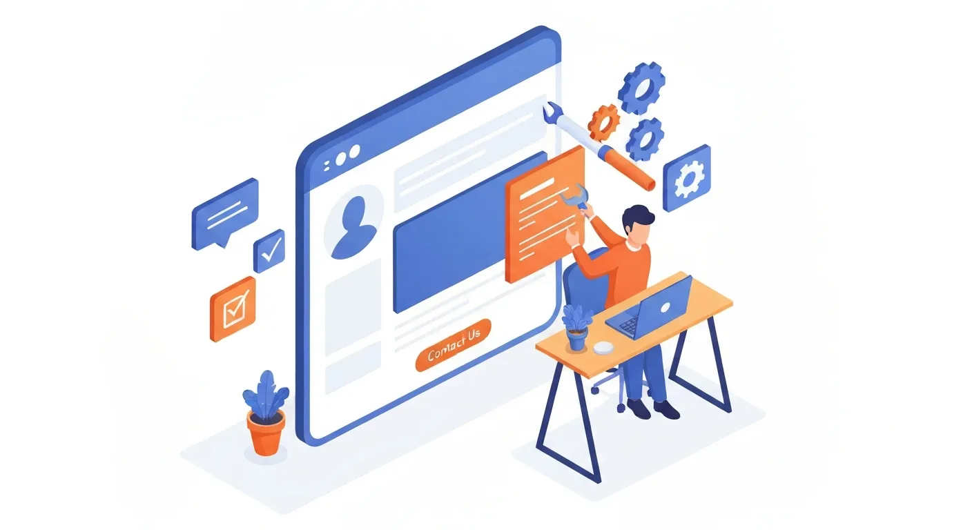 Ilustracja izometryczna pokazująca proces tworzenia i optymalizacji strony na Facebooku. Osoba siedząca przy biurku składa elementy fanpage'a, takie jak zdjęcie profilowe, zdjęcie w tle i przycisk wezwania do działania, niczym cyfrowe klocki na wirtualnej witrynie.