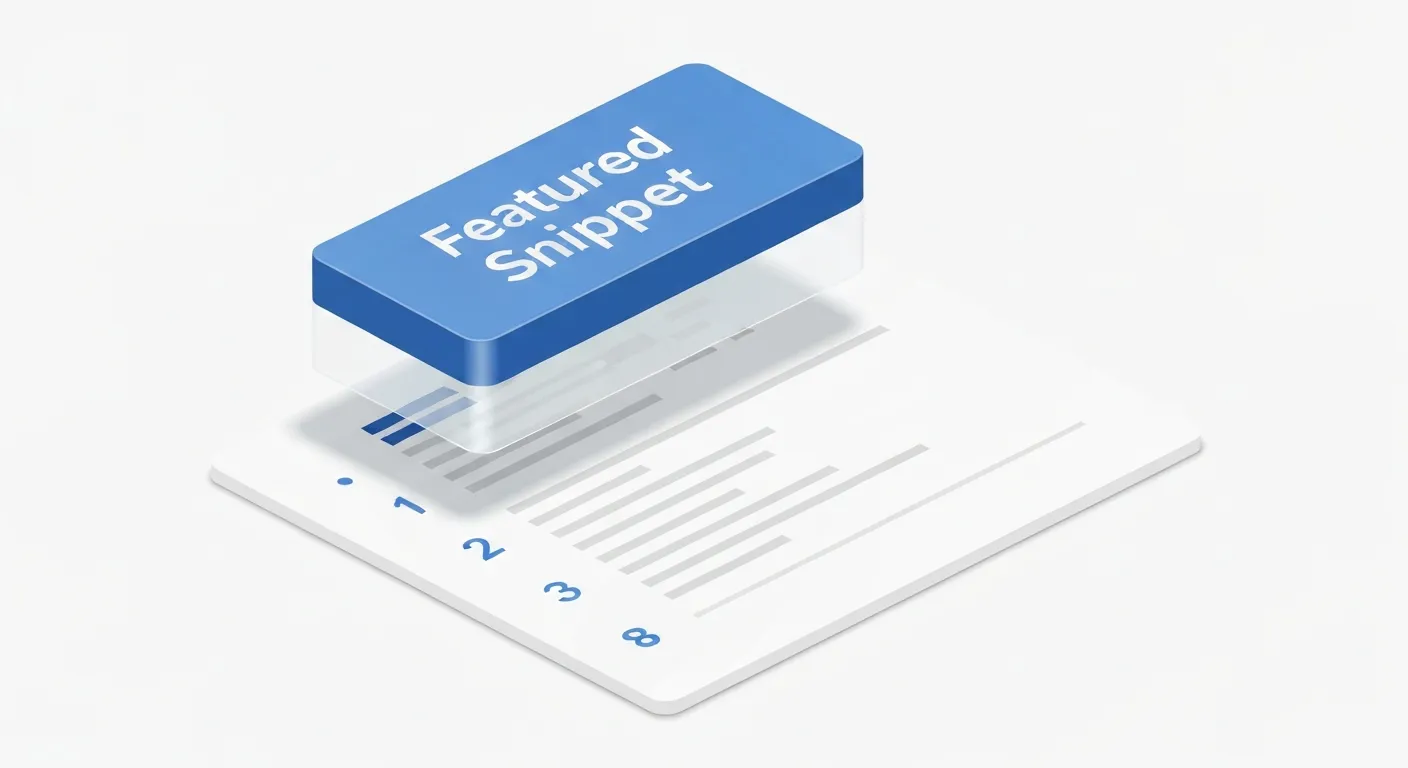 Ilustracja izometryczna przedstawiająca stronę z wynikami wyszukiwania, na której jeden element, oznaczony jako 'Featured Snippet', jest fizycznie uniesiony i podświetlony, znajdując się ponad pozostałymi, ponumerowanymi wynikami. Obrazuje to koncepcję 'pozycji zero'.