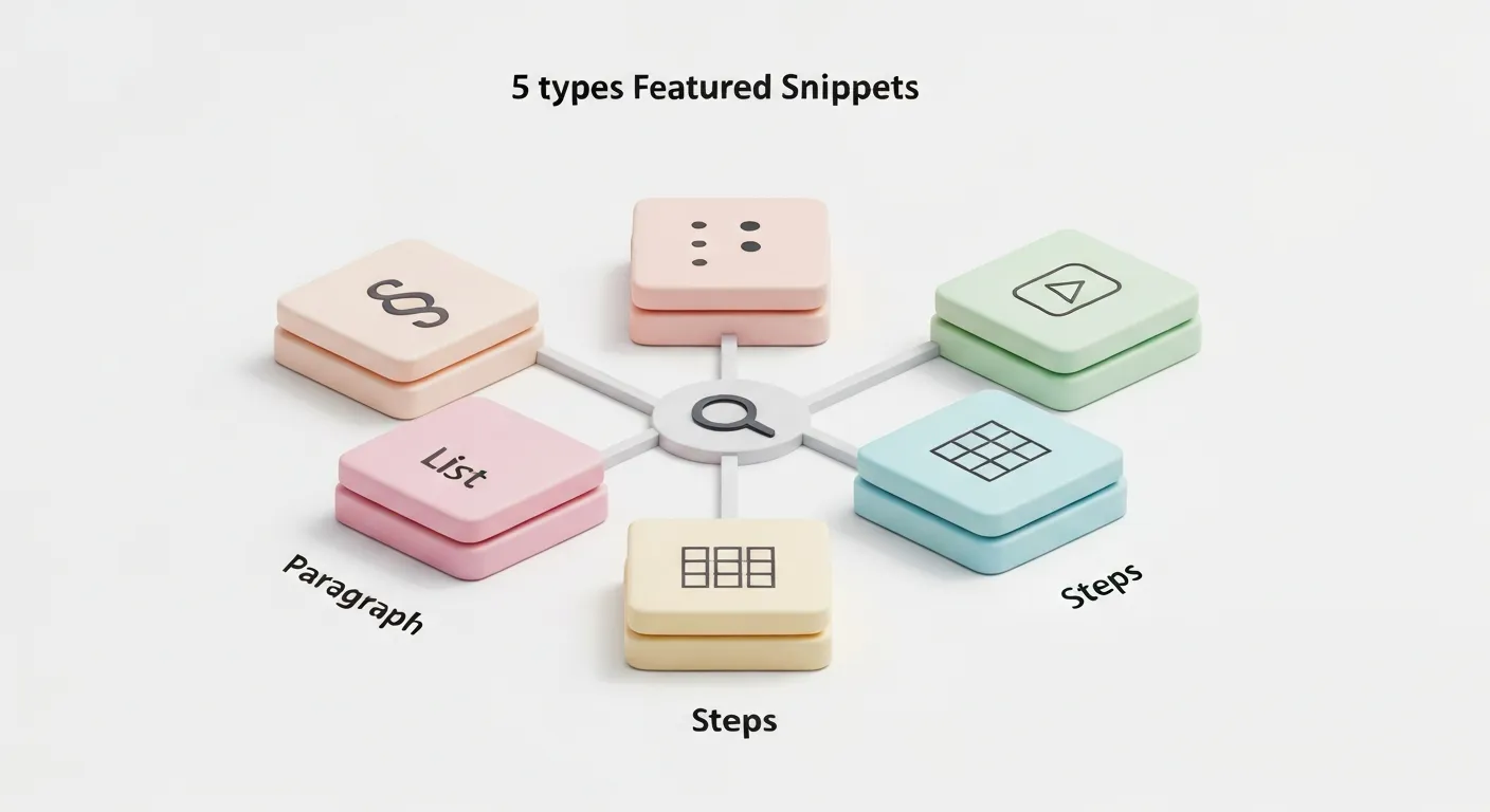 Diagram w formie infografiki pokazujący pięć głównych typów featured snippets. W centrum znajduje się ikona wyszukiwania, a wokół niej ikony reprezentujące: akapit, listę punktowaną, listę numerowaną, tabelę oraz wideo.