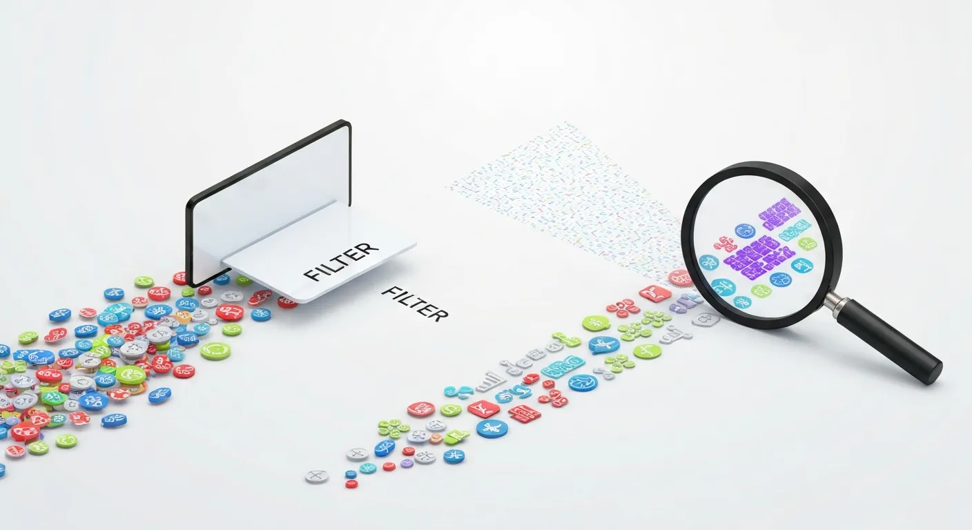 An isometric diagram illustrating the marketing filter versus the lens. A stream of chaotic data flows toward a 'FILTER,' which selects specific elements. These elements then pass through a 'LENS,' which reinterprets them into a unified, branded style.