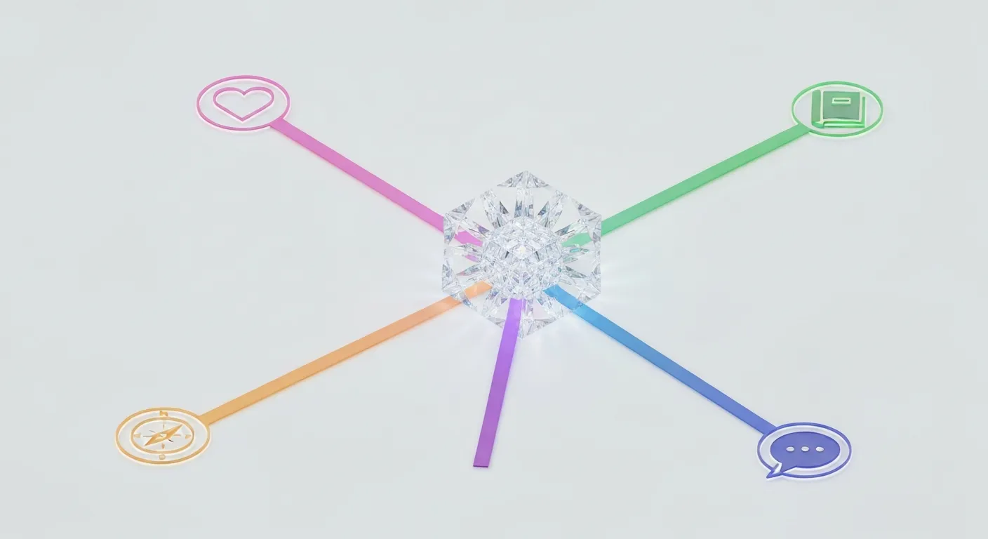 An abstract visualization of the four core components of a marketing lens. Icons for Belief, Culture, Themes, and Archetype project beams of light that combine to form a central, glowing brand lens.