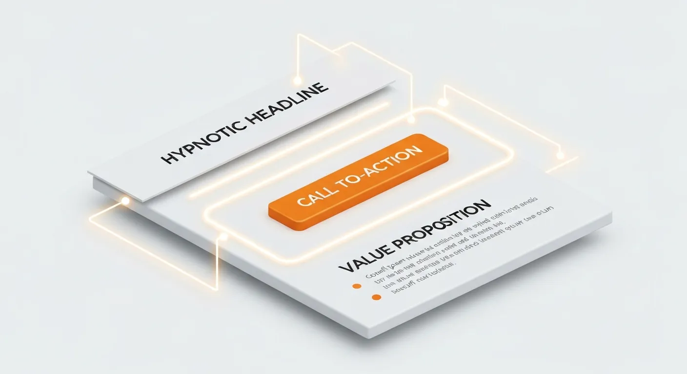 An isometric illustration of a well-structured landing page, highlighting its key anatomical elements for high conversion, such as the main headline, a contrasting call-to-action button, and a section for bullet points.