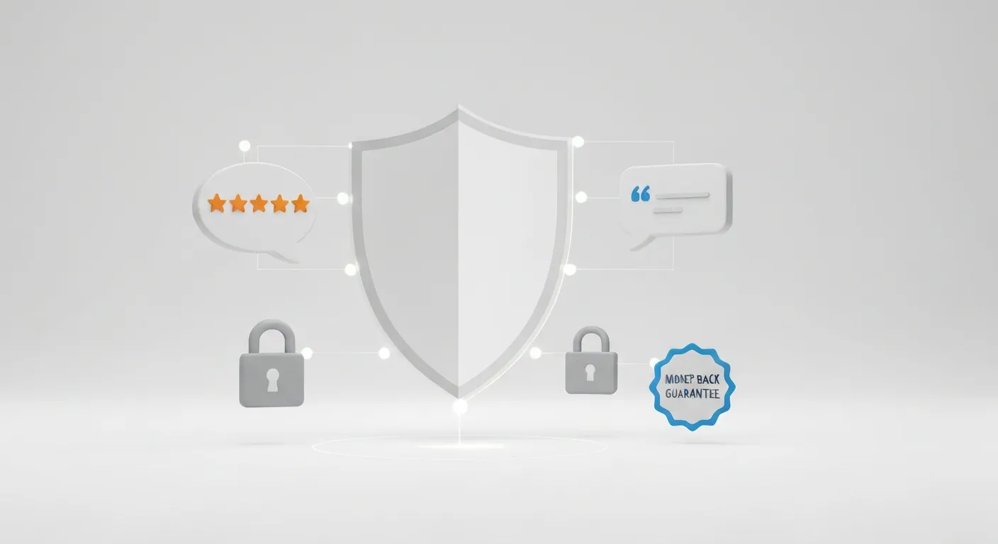A conceptual illustration showing elements of trust building for a landing page. A central shield icon is surrounded by icons representing social proof, such as star ratings, customer testimonials, and security badges.