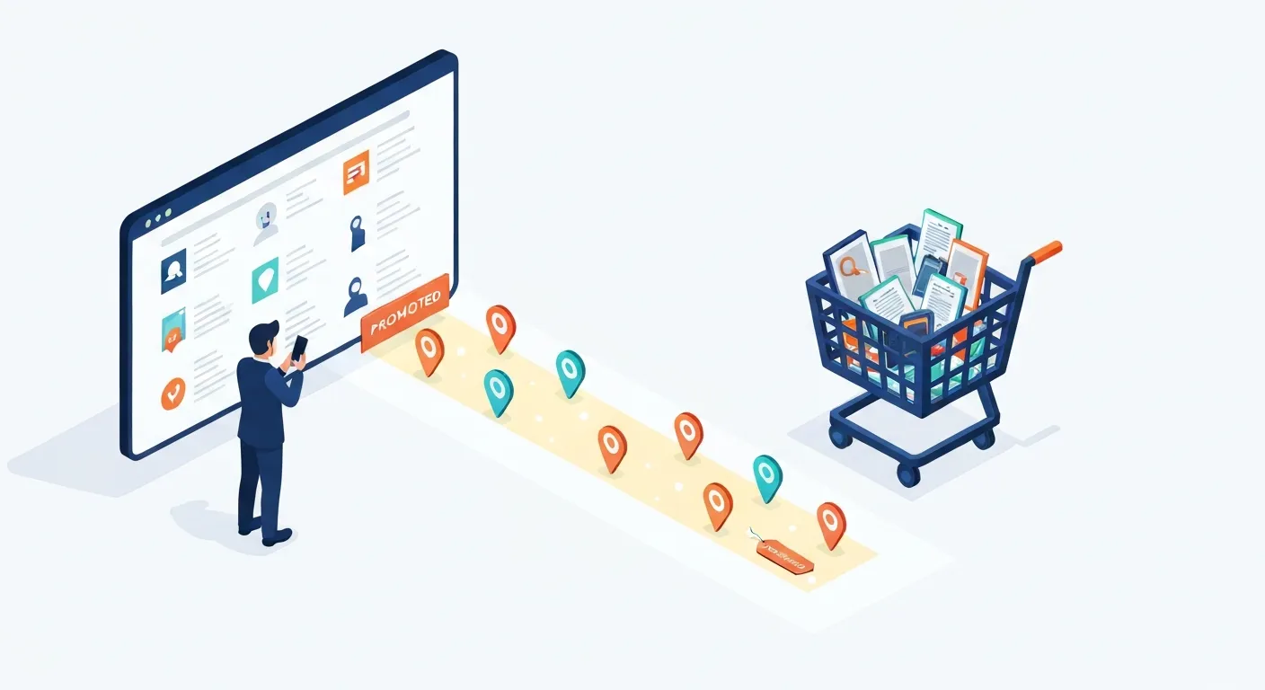 An isometric illustration showing a user's journey from inspiration to purchase on Pinterest. A path of pin icons leads from an inspiration board to a shopping cart, symbolizing the high purchase intent of the platform's audience.