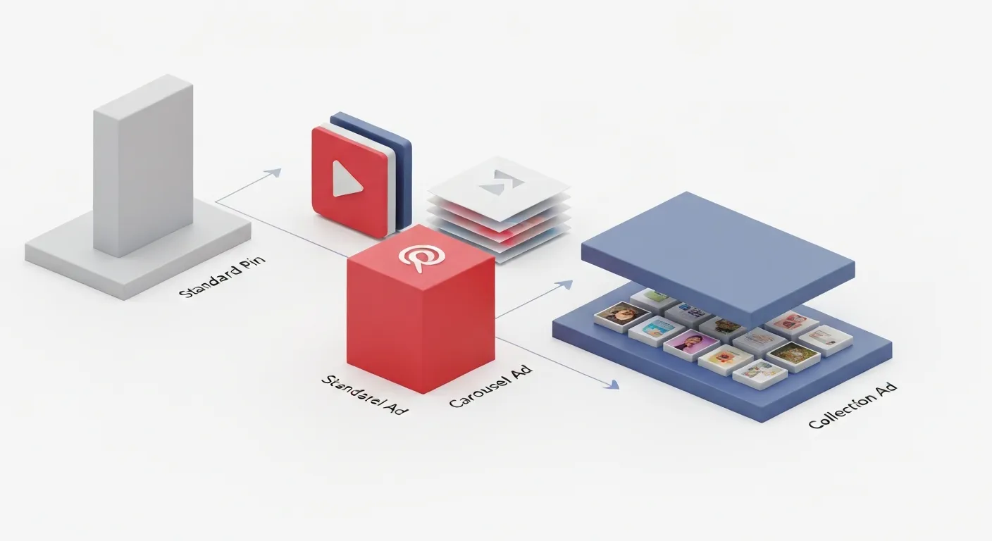 An abstract visualization of various Pinterest ad formats. Different 3D blocks represent standard pins, video ads, and carousel ads, arranged strategically to symbolize building a diverse and effective ad campaign.