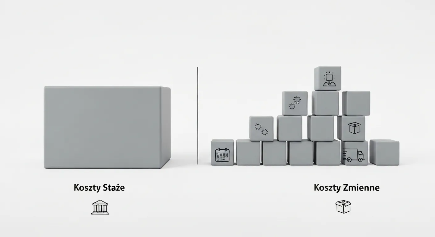 Wizualne rozróżnienie kosztów stałych i zmiennych. Po jednej stronie znajduje się solidny blok symbolizujący stałe opłaty jak czynsz, a po drugiej rosnący stos pudełek symbolizujący koszty zależne od produkcji.