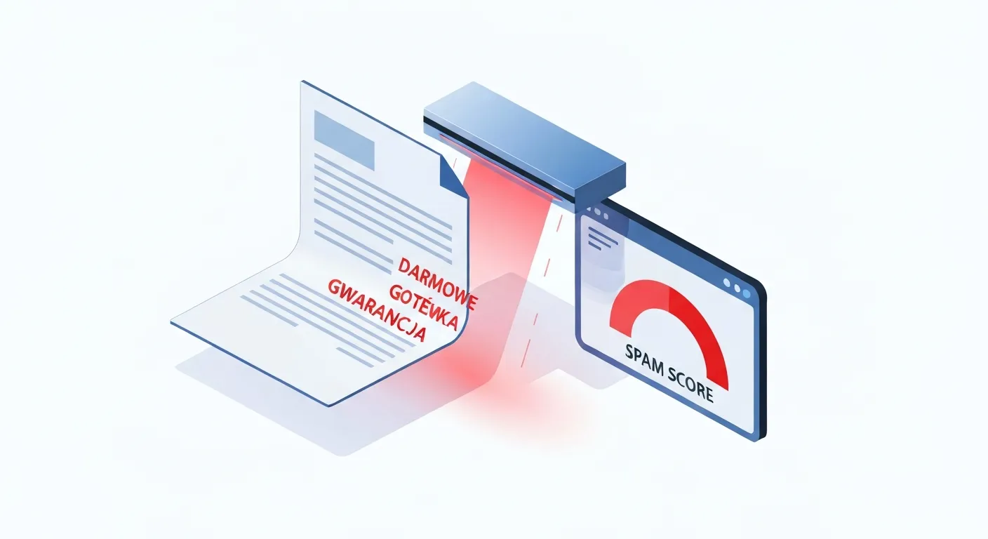 An isometric illustration of a futuristic algorithm scanning an email. The system highlights spam trigger words like 'Free' and 'Guaranteed' in red, and a 'Spam Score' meter on the side is pointing to a high-risk level.