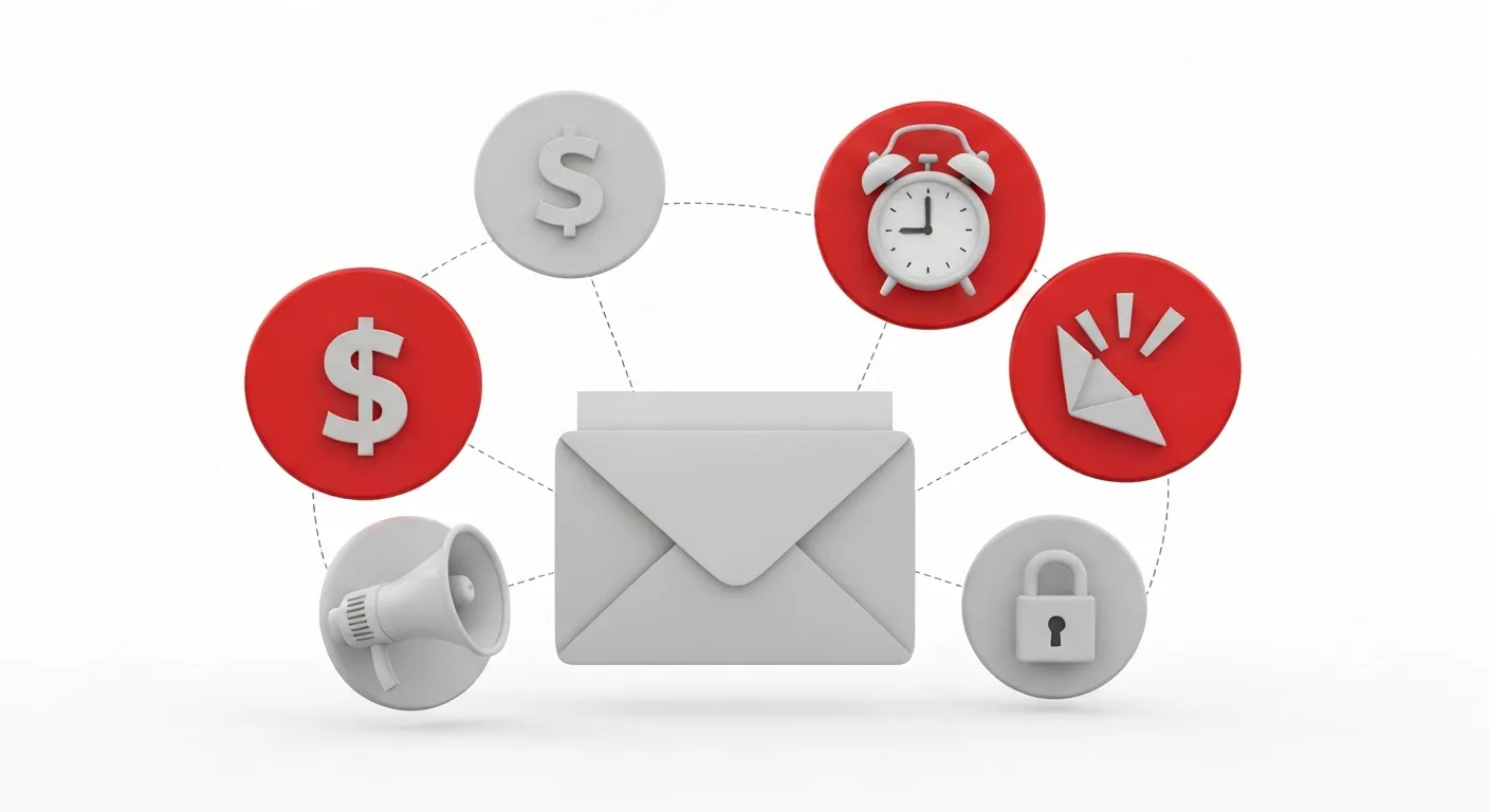 An abstract visualization of the main categories of spam trigger words. Icons representing finance, urgency, and manipulative promises are shown as red warning signs surrounding a central email document.
