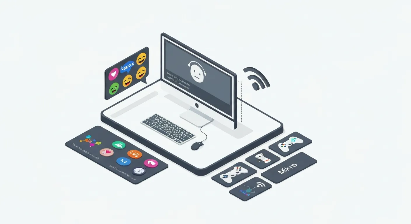 Izometryczna ilustracja przedstawiająca kluczowe elementy ekosystemu Twitch. Na białym tle widać połączone ze sobą moduły: główny ekran symbolizujący kanał streamera, unoszącą się obok rzekę wiadomości i emotek reprezentującą czat oraz sekcję z ikonami gier i sztuki symbolizującą kategorie.