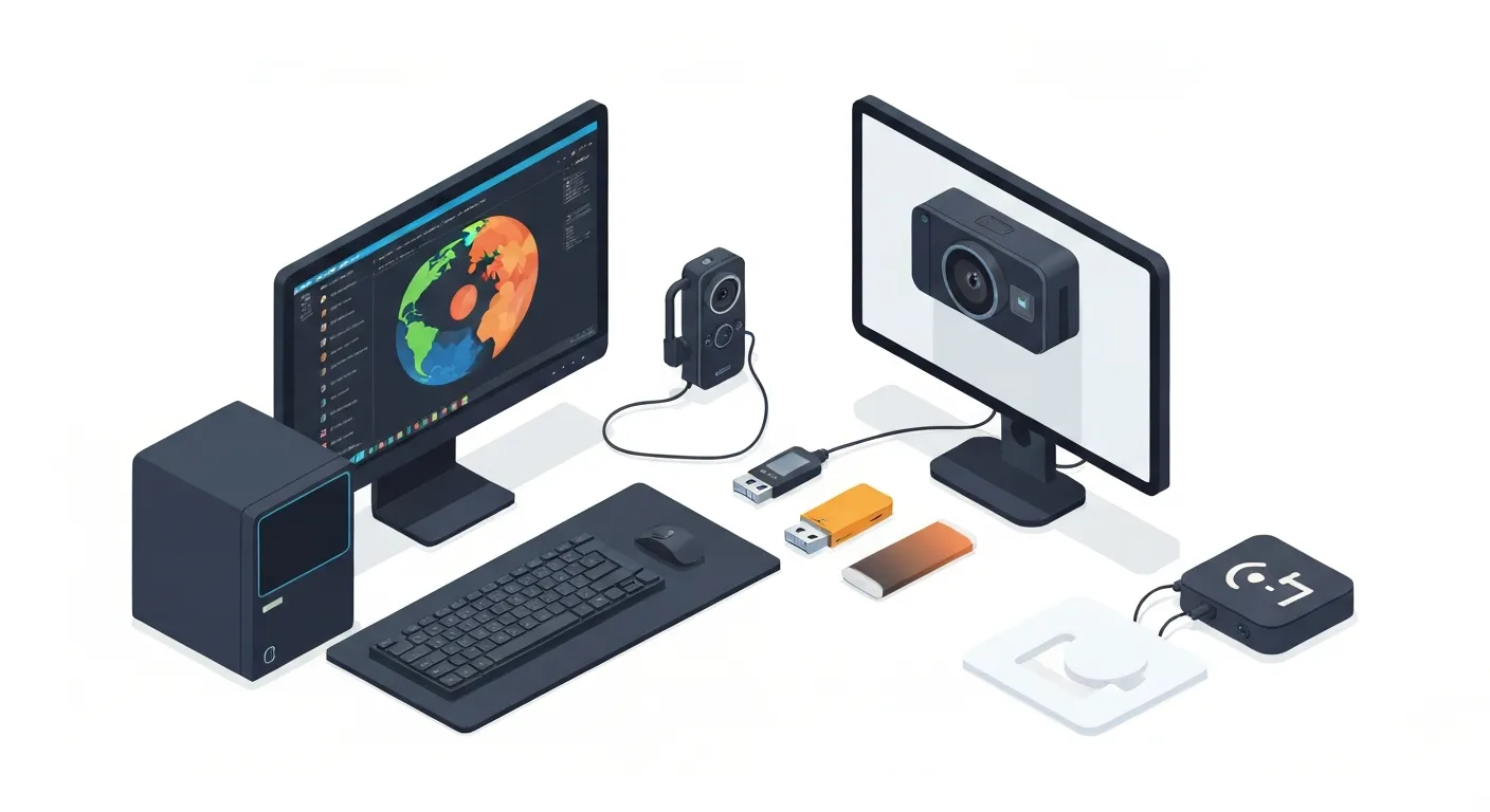 Izometryczna ilustracja przedstawiająca podstawowy zestaw sprzętu dla początkującego streamera. Na biurku widać komputer, monitor, mikrofon USB, kamerę internetową oraz mysz i klawiaturę. Ilustracja jest czysta i przejrzysta, idealna do poradnika.