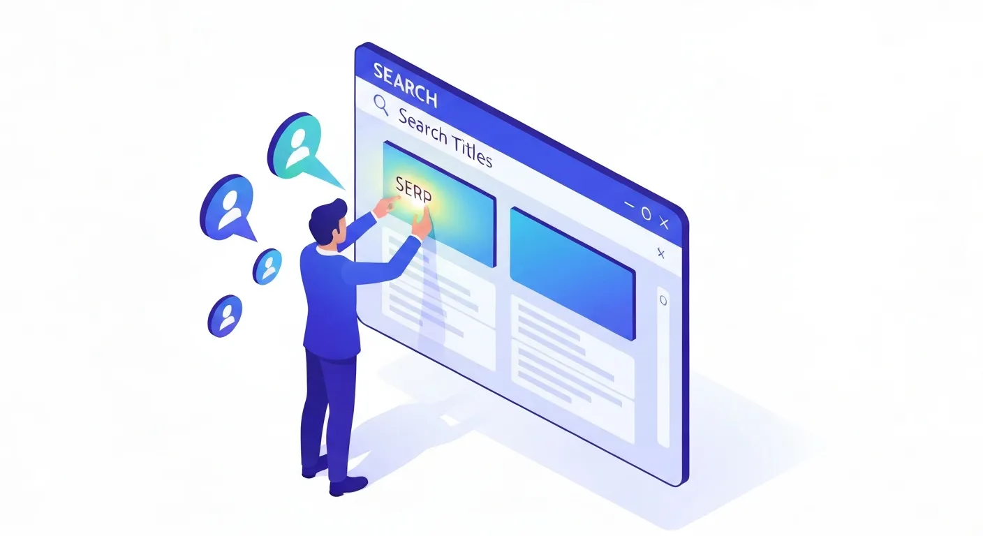 Izometryczna ilustracja przedstawiająca analityka optymalizującego element wyników wyszukiwania (SERP) na ekranie, aby zwiększyć jego CTR.