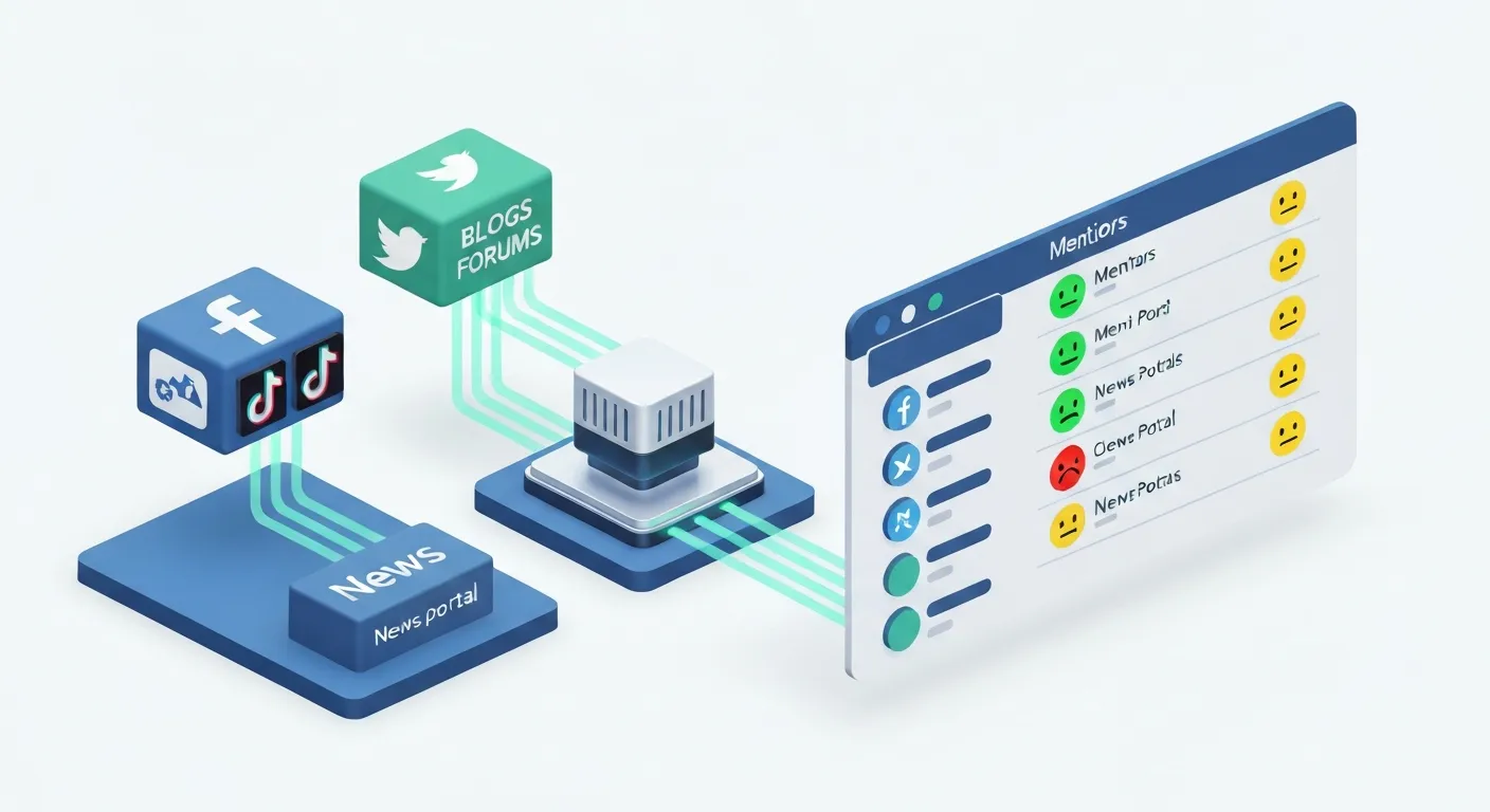Ilustracja izometryczna pokazująca proces działania monitoringu internetu. Dane z mediów społecznościowych, blogów i portali informacyjnych są zbierane i przesyłane do centralnego panelu analitycznego, który kategoryzuje je według sentymentu.